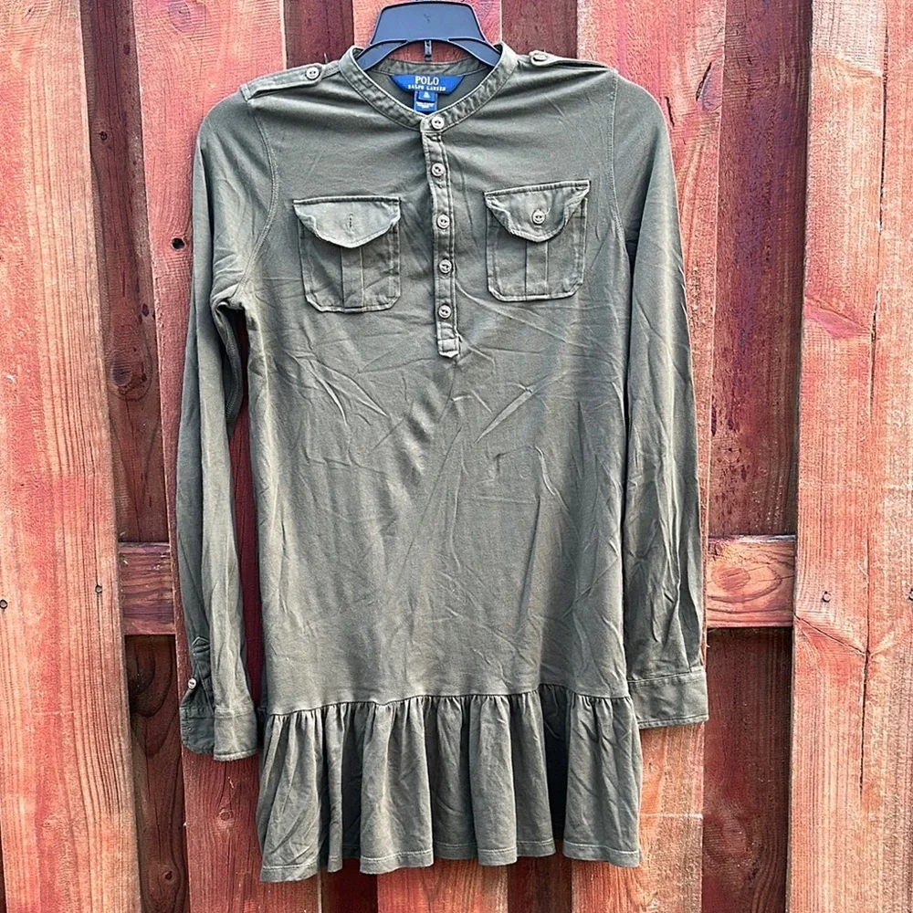 Polo Ralph Lauren Girls Olive Green Utility Ruffle Dress Size XL (16)